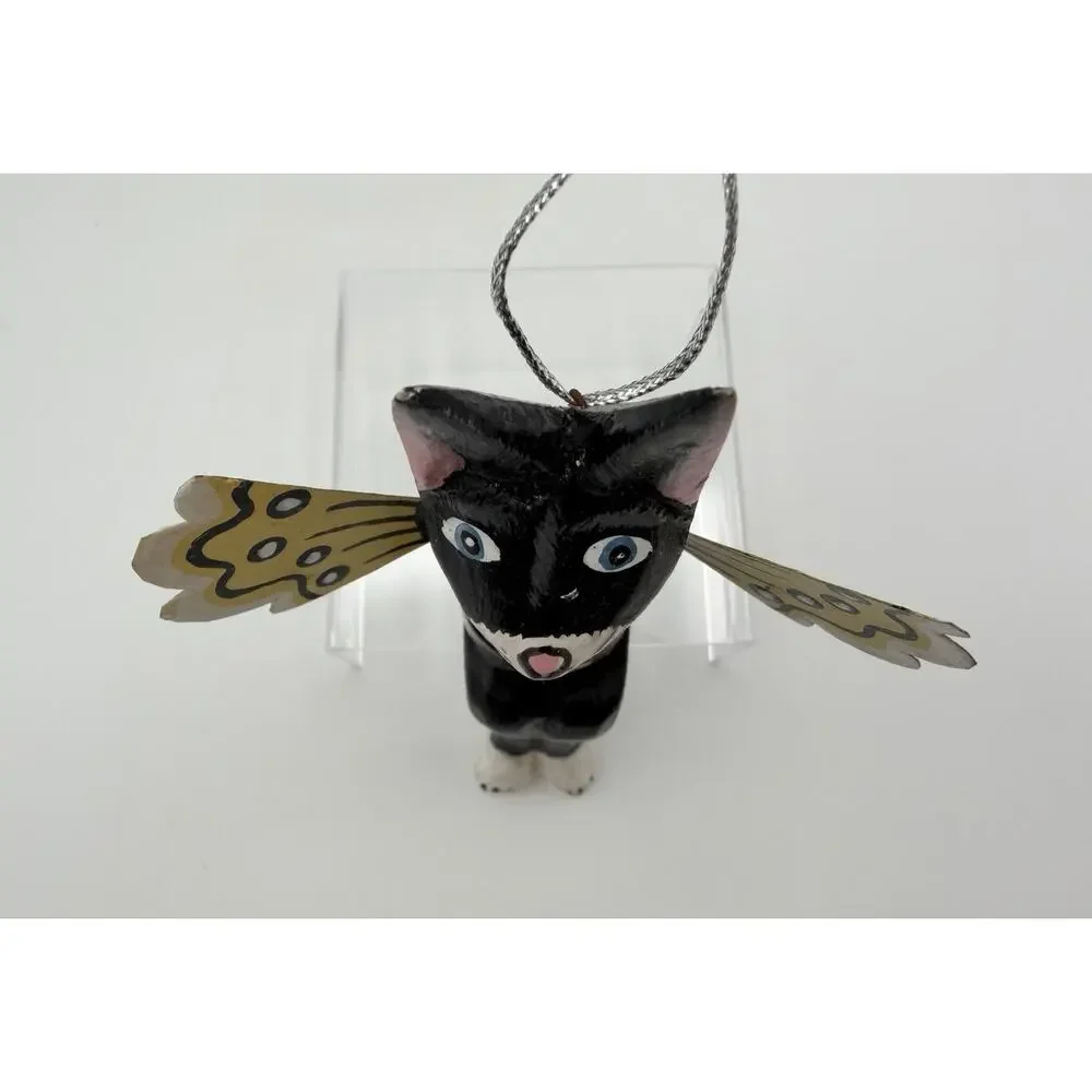 Wooden Hand Painted Angel Cat with Wings Shelf Sitter Ornament Figurine 5.5”